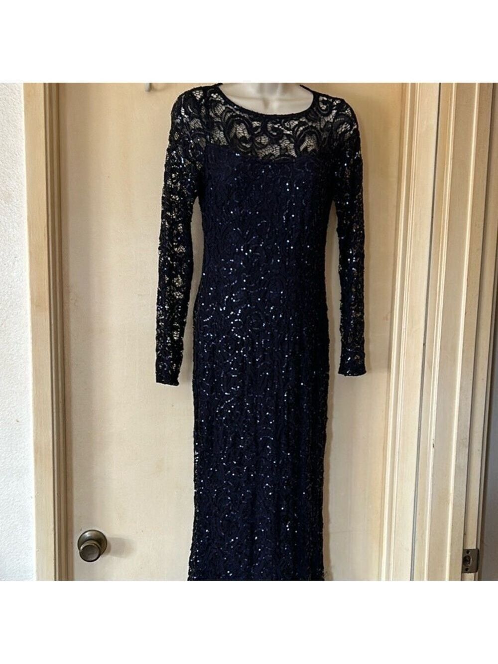 Marina navy blue sequin full length gown with lace size S
